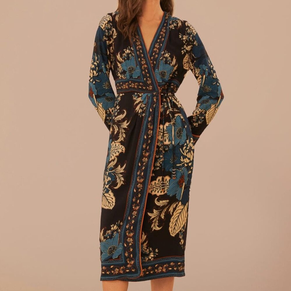 FARM Rio - Blossom Tapestry Black Midi Wrap Dress